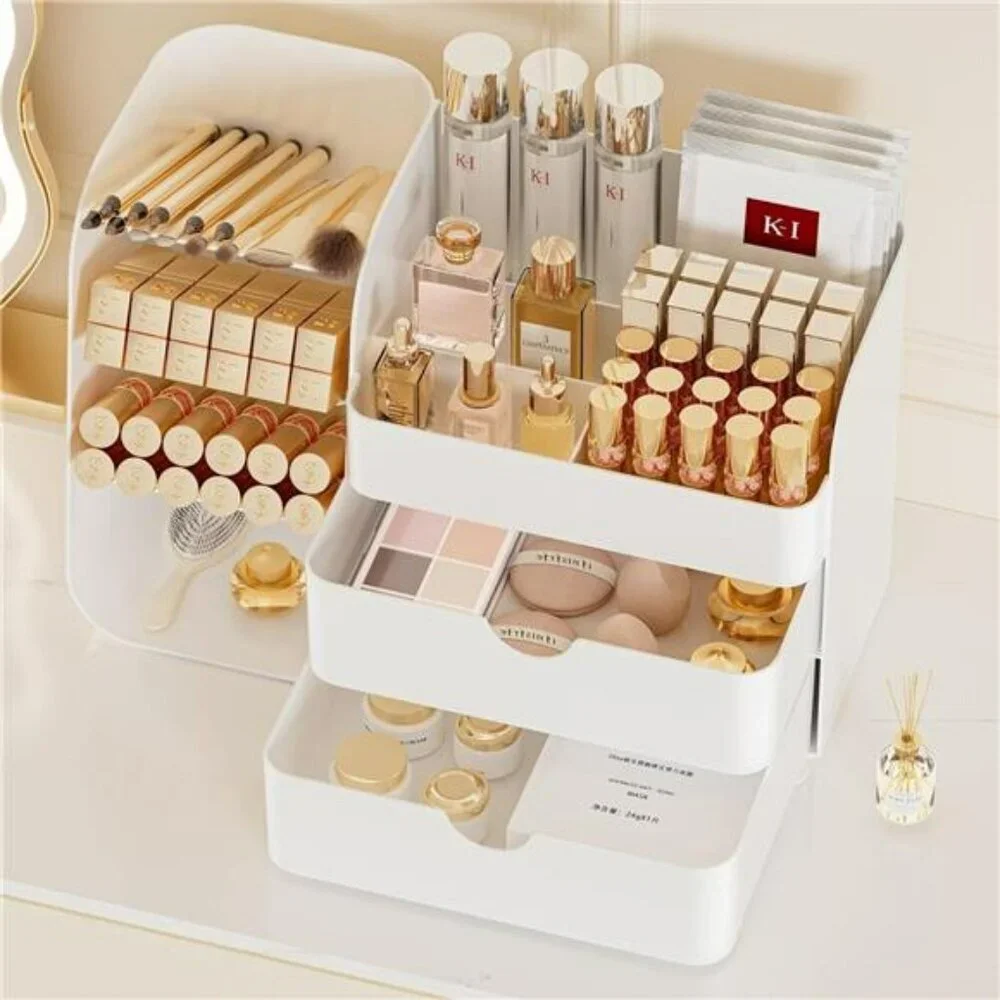Large makeup organizer with drawers and brush holder vanity countertop storage